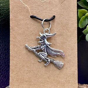 Witch on a Broomstic Necklace for Halloween. Creepy, Fun Silver Toned Blk Cord